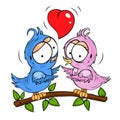 Two cute birds fall in love. Funny illustration. Royalty Free Stock Photo